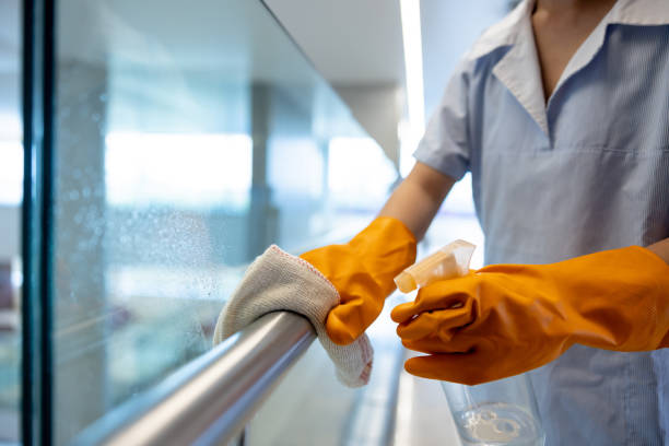 Professional cleaner hand-wiping a window side bar for a streak-free shine.