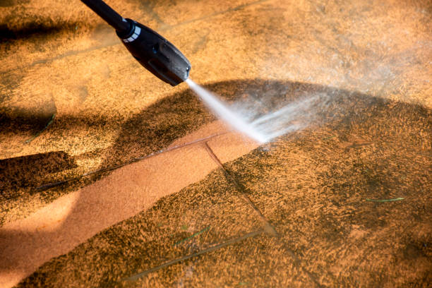 Professional cleaner washing tile pathway with a high-pressure washer for a deep, spotless clean.