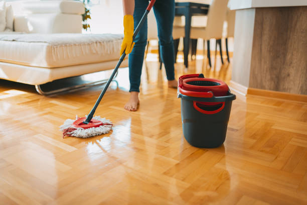 Cleaning agent and bucket in the living room, a young woman maintains the parquet.