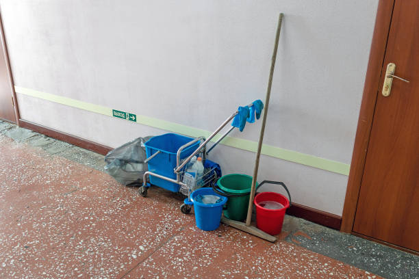 Cleaning tools organized in an office, ready for efficient cleaning tasks.