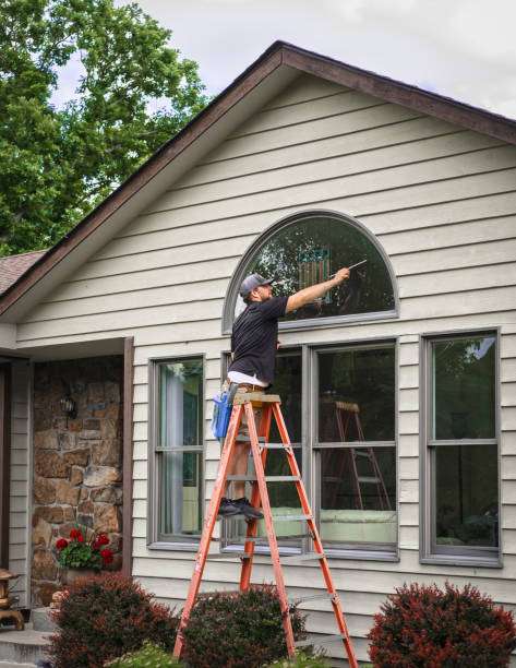 A young man on a ladder cleans outside windows with a squeegee on a summer day.