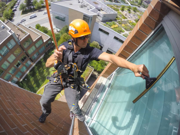 Cleaner delivers high-rise window cleaning service with squeegee.