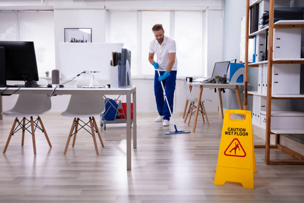 With a cleaning tool in hand, a cleaner is cleaning the room