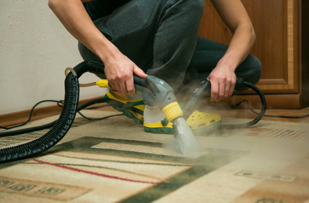 A staff member is busy cleaning tiles with a scrubbing tool.