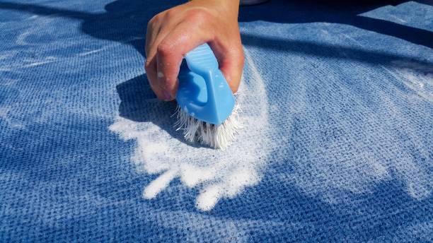 Carpet cleaning specialist washes the blue carpet with a hand brush & soap.