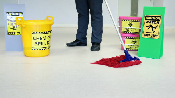 A cleaner is cleaning a home with multiple cleaning tools.