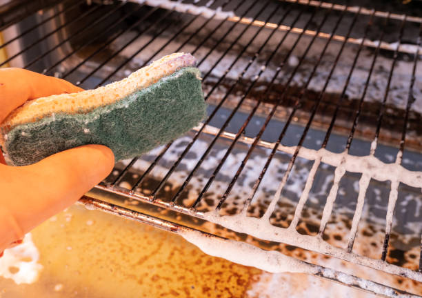 Cleaner cleaning the oven grill with sponge.