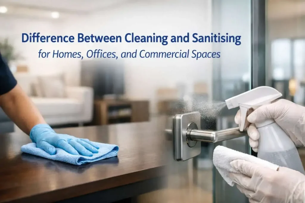 Professional cleaner performing cleaning and sanitising tasks in a modern home, office, and commercial environment.