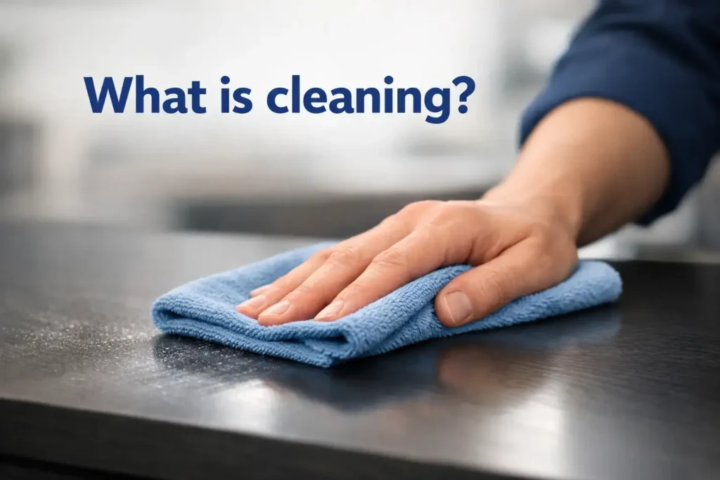 Professional cleaner removing visible dust and surface residue with a microfiber cloth in a modern indoor space.