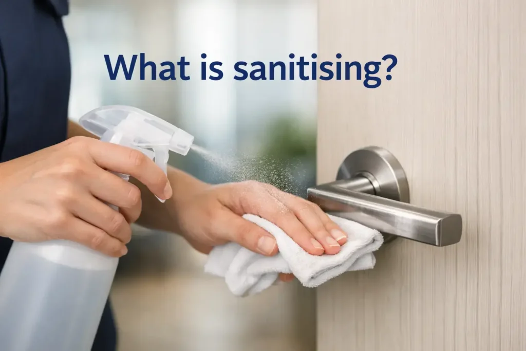 Professional cleaner applying sanitiser to a clean high-touch surface in a modern indoor setting.