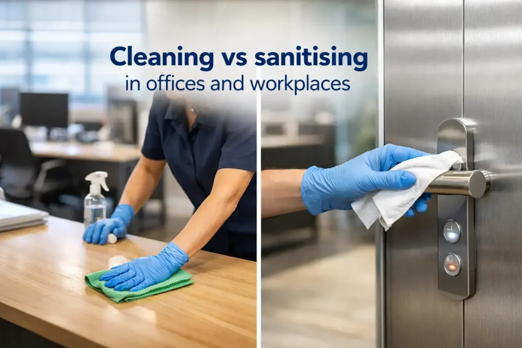 Professional cleaner handling office cleaning and sanitising tasks in a modern workplace with shared desks and touchpoints.