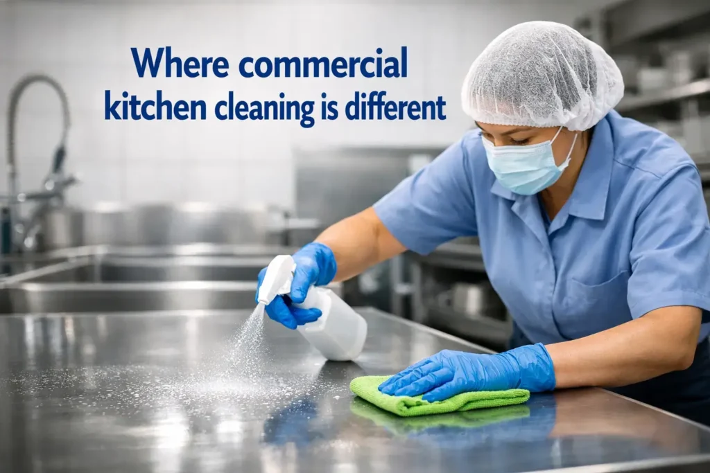 Professional cleaner sanitising a stainless-steel food preparation surface in a commercial kitchen.