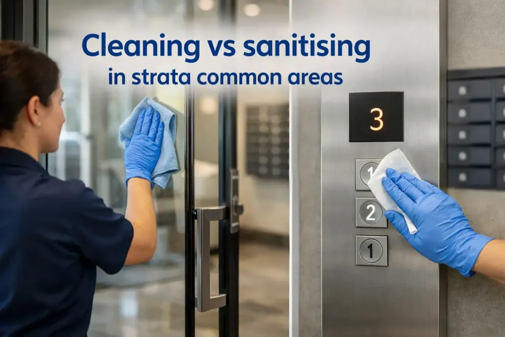 Professional cleaner maintaining and sanitising shared touchpoints in a modern strata building lobby and lift area.