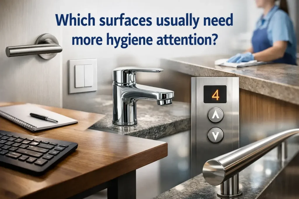High-touch surfaces including door handles, light switches, taps, desks, and shared counters in a modern indoor environment.