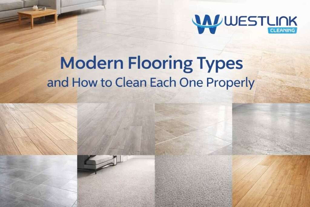 Modern flooring types including timber, vinyl, hybrid, tile, stone, concrete, carpet, bamboo, and cork in a professional cleaning guide thumbnail.