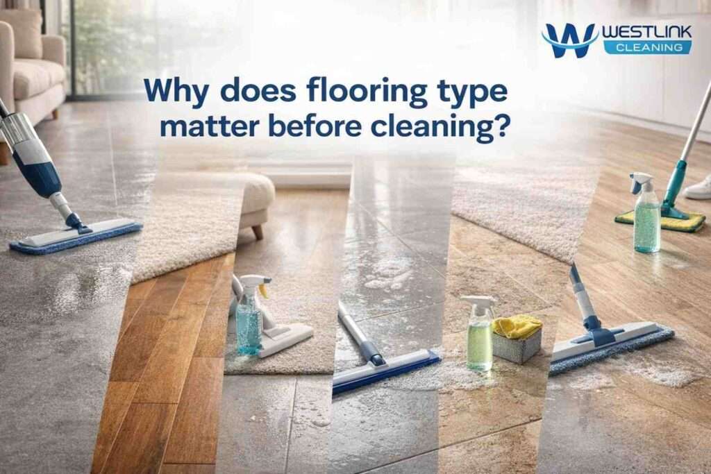 Different modern flooring types shown in one premium interior scene to explain why flooring type matters before cleaning.