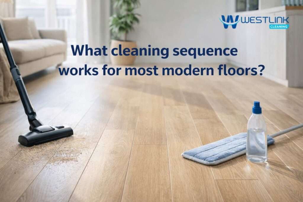Modern floor cleaning sequence shown in a premium interior with realistic floor-care tools and a clean finished surface.