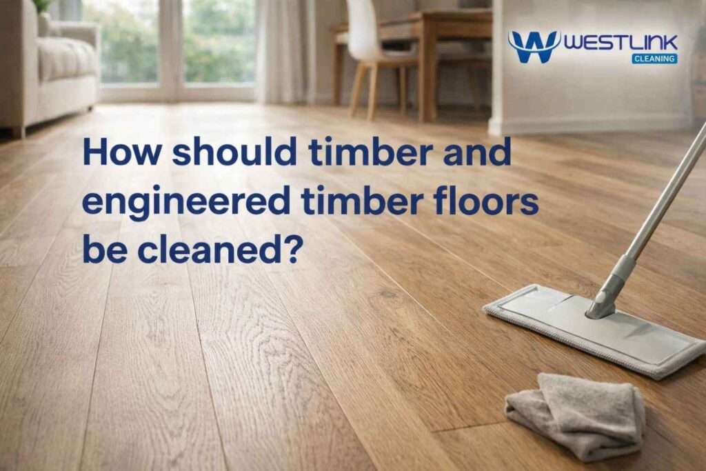 Timber and engineered timber floor being cleaned carefully with a microfiber mop in a premium modern interior.