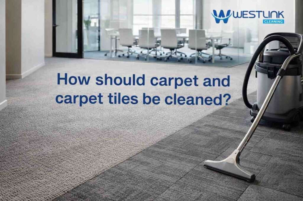 Realistic carpet and carpet tiles being cleaned carefully in a premium modern interior with visible fiber texture.