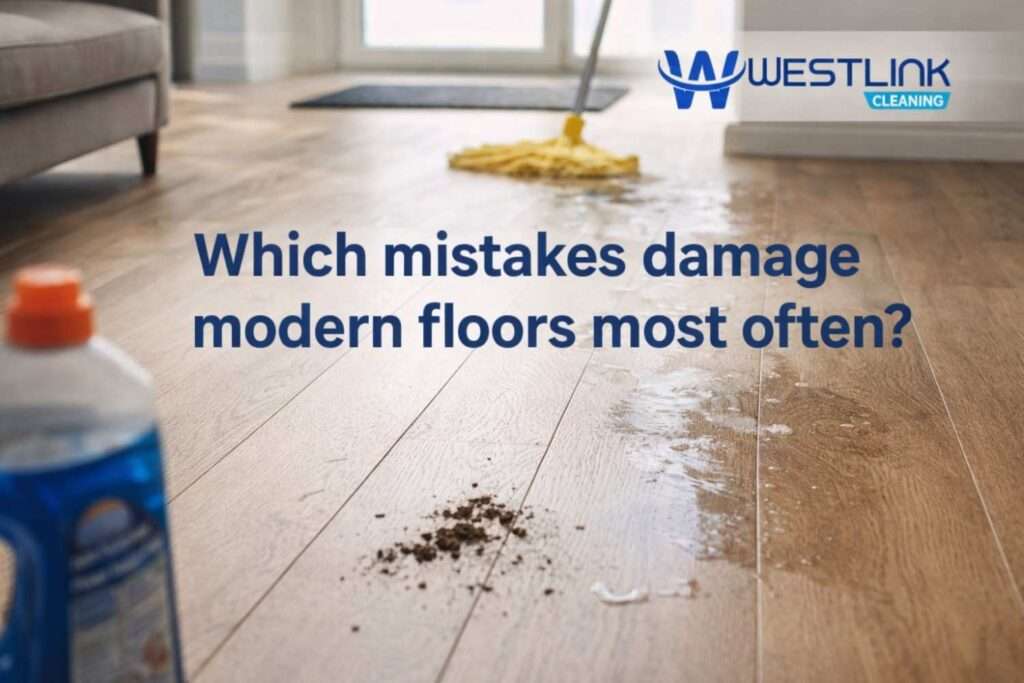 Modern flooring in a premium interior showing subtle cleaning mistakes that can damage the surface over time.