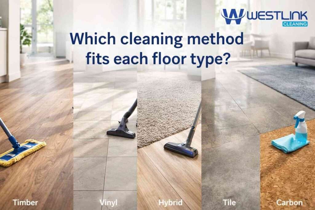 Different modern flooring types shown in a premium interior with subtle cleaning tools that match each surface.