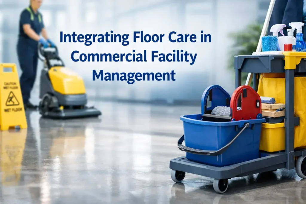 Facility manager inspecting well-maintained commercial floors in a modern office building lobby