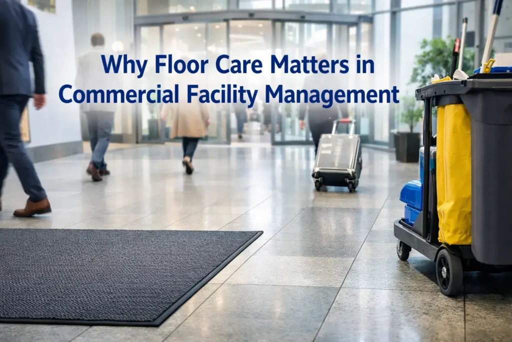 Busy commercial entrance showing why floor care is important in facility management