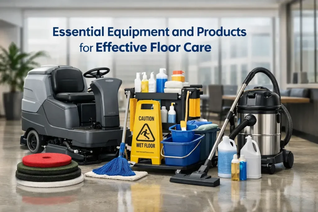Professional floor care equipment and cleaning products arranged in a commercial setting