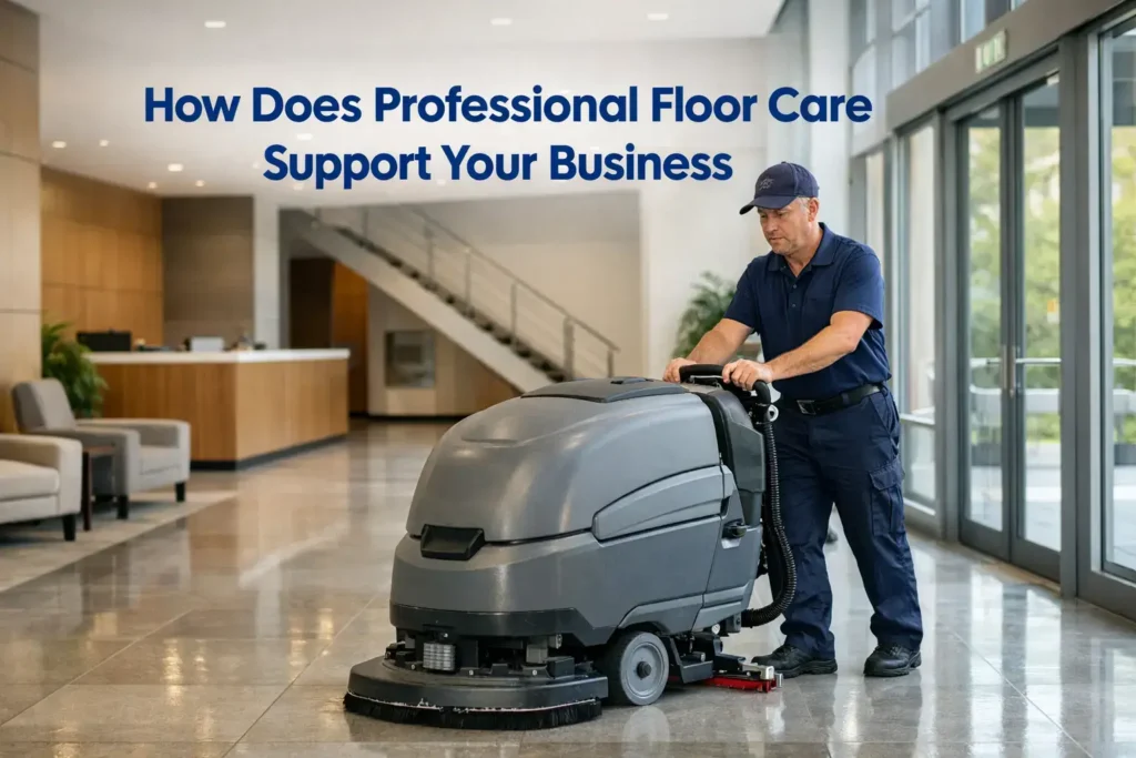 Commercial floor technician cleaning a modern office lobby with professional machine equipment
