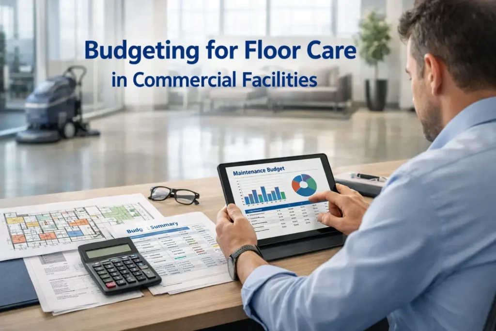 Facility manager reviewing floor maintenance costs and planning documents in a professional office
