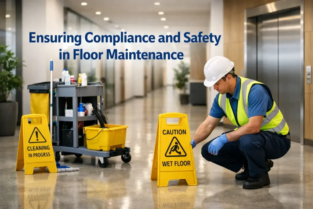 Cleaner in PPE placing a wet floor sign in a commercial hallway during floor maintenance