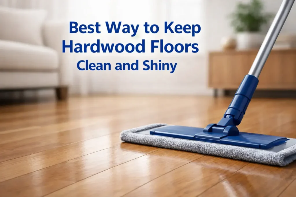 Hardwood floor being cleaned with a near-dry microfiber mop in a bright, tidy room.