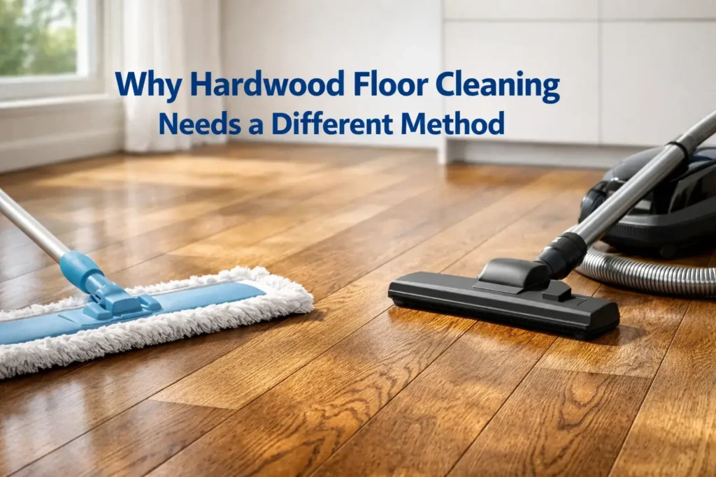 Detailed hardwood surface with visible grain and floor-safe cleaning tools in a clean modern interior.