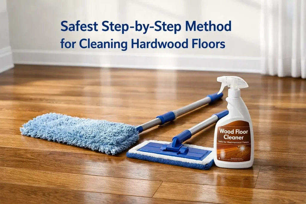 Microfiber dust mop, flat microfiber mop, and wood-floor cleaner arranged beside a polished hardwood floor in a bright premium interior.