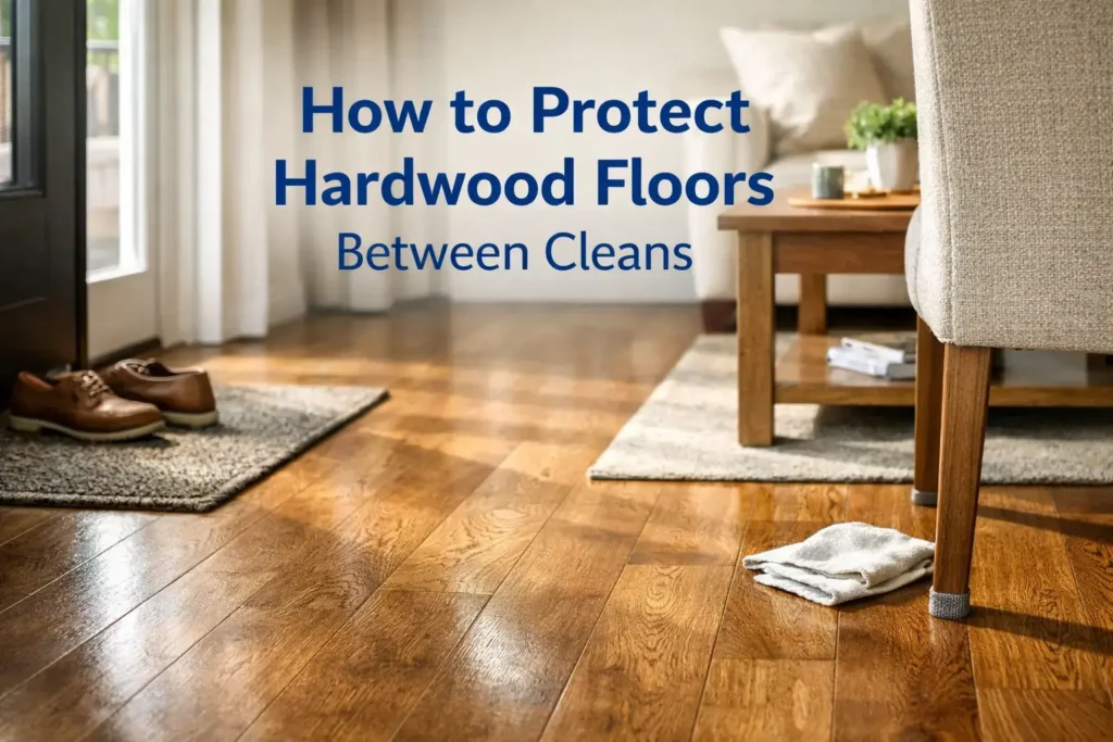 Hardwood floor with an entry mat, felt pads under furniture, and a clean well-maintained room in natural daylight.