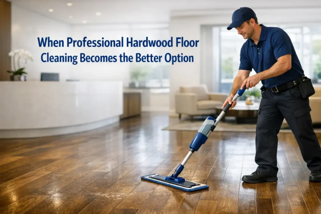 Professional cleaner using a microfiber floor-cleaning system on a premium hardwood floor in a modern interior.