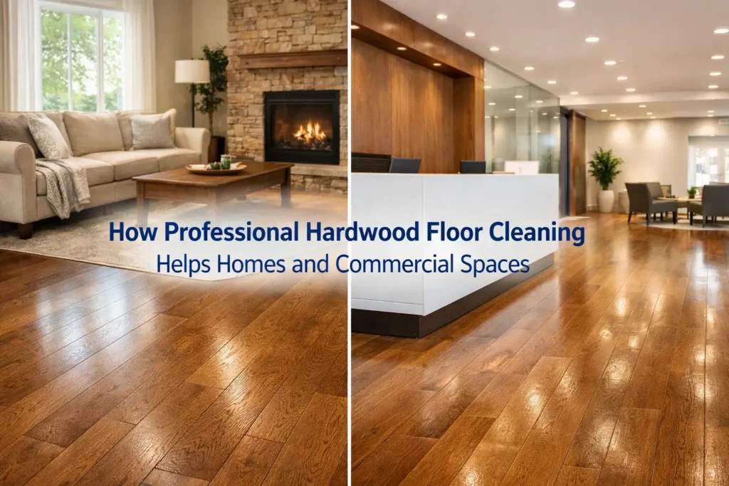 Realistic split-style scene showing hardwood flooring in both a residential interior and a commercial environment.