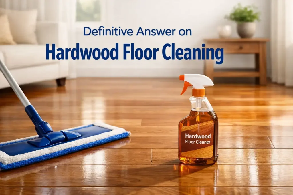 Clean hardwood floor with microfiber mop and wood-floor cleaner in a calm premium setting.