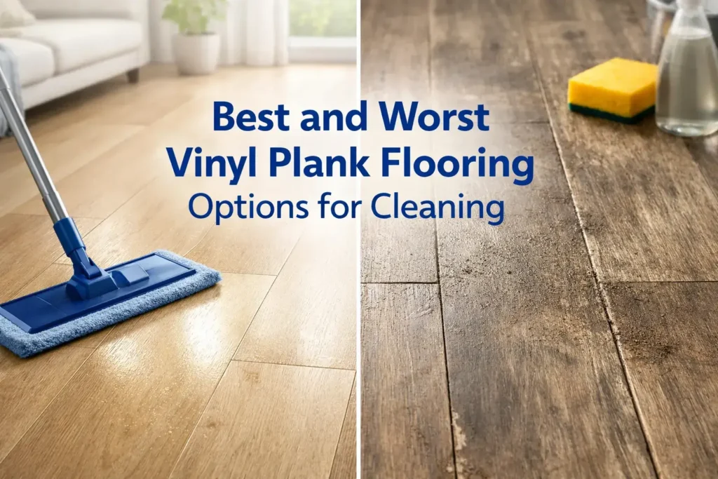 Best and worst vinyl plank flooring comparison showing clean rigid-core floor and worn plank seams