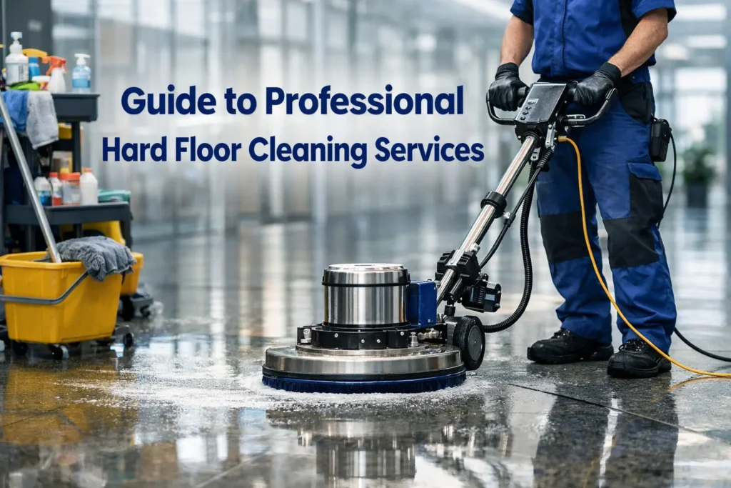 Hyper-realistic blog thumbnail showing a modern commercial interior with professionally cleaned hard flooring and subtle cleaning equipment.