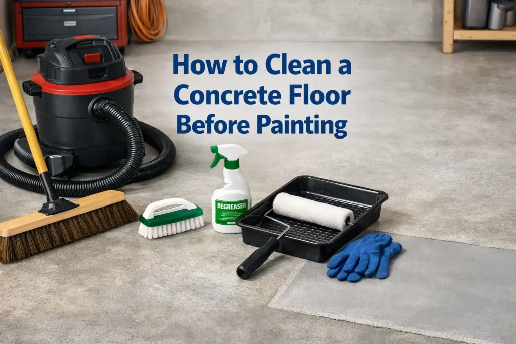 Professional blog thumbnail showing concrete floor cleaning tools and paint prep setup before painting.