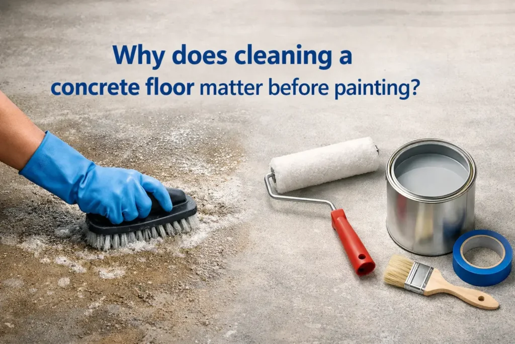 Clean concrete floor section being coated while dusty contaminated concrete remains unpainted in the background.