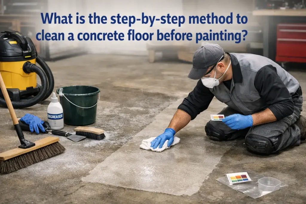 Professional contractor cleaning and preparing a concrete floor step by step before painting in a workshop setting.