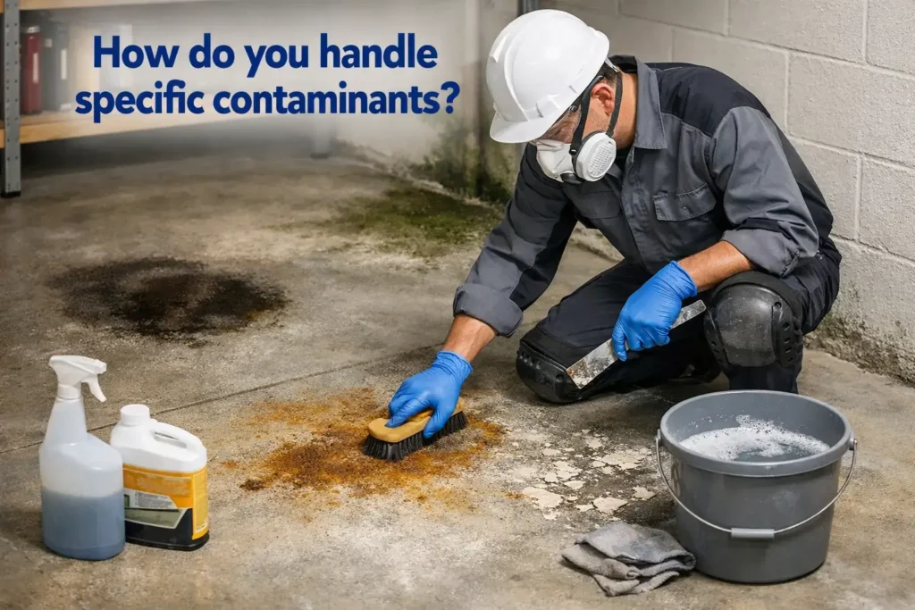 Professional contractor treating different contaminants on a concrete floor before painting in an indoor workspace.