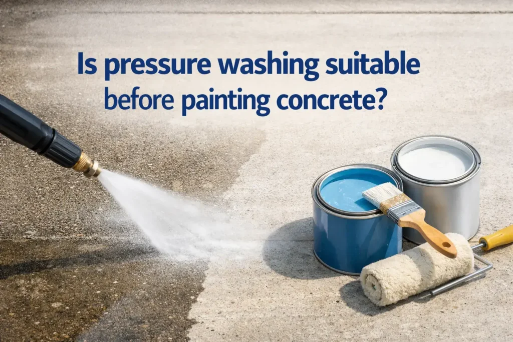 Professional contractor pressure washing a concrete surface before painting in a realistic outdoor prep setting.