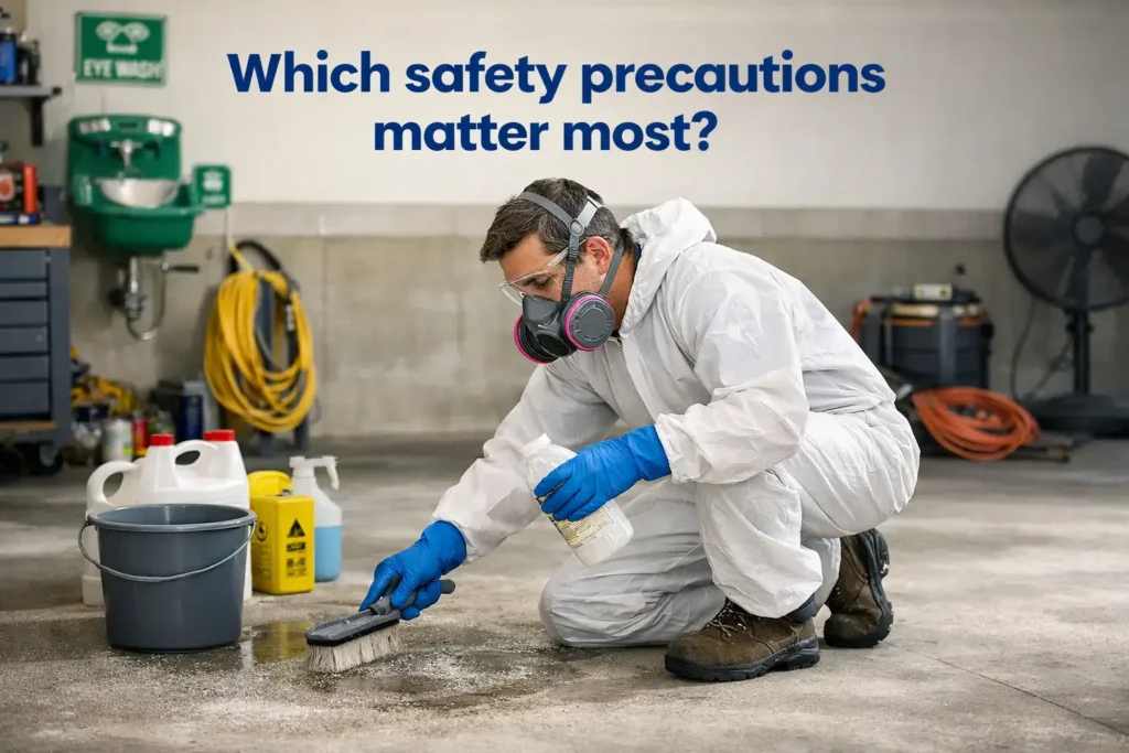 Professional contractor wearing protective gear while safely cleaning a concrete floor before painting in an indoor workspace.