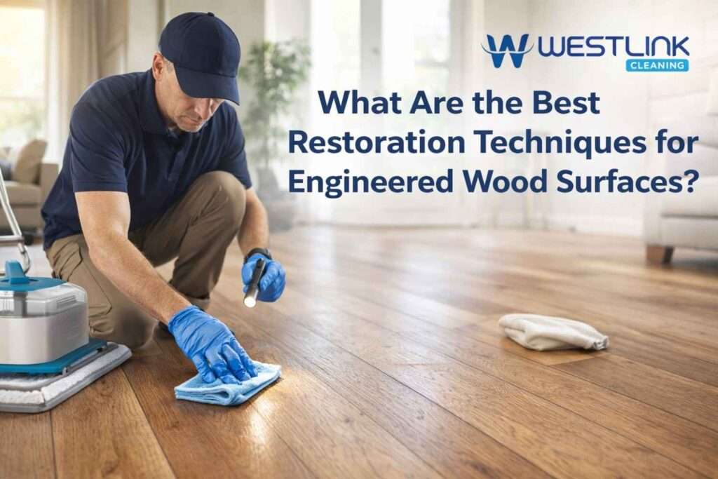 Professional using safe restoration techniques on an engineered wood floor in a modern interior