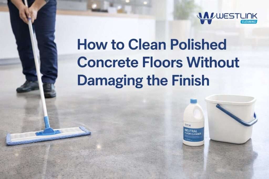 Professional cleaner using a microfiber flat mop on a polished concrete floor in a modern commercial interior