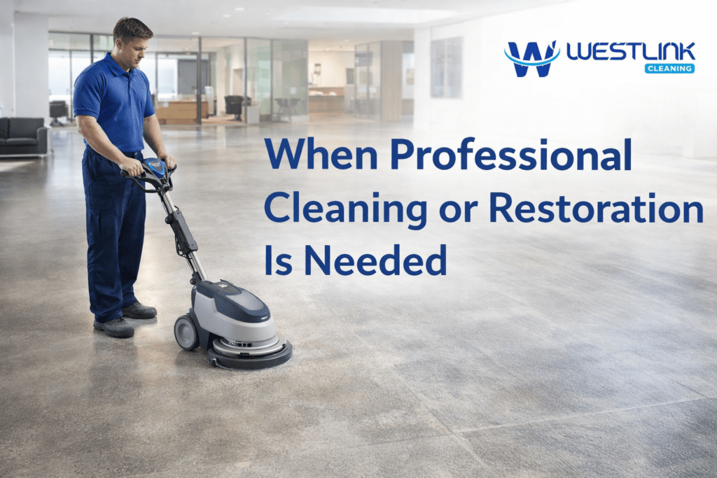 Professional floor technician preparing restoration equipment on a polished concrete floor with visible dull traffic lanes in a commercial interior