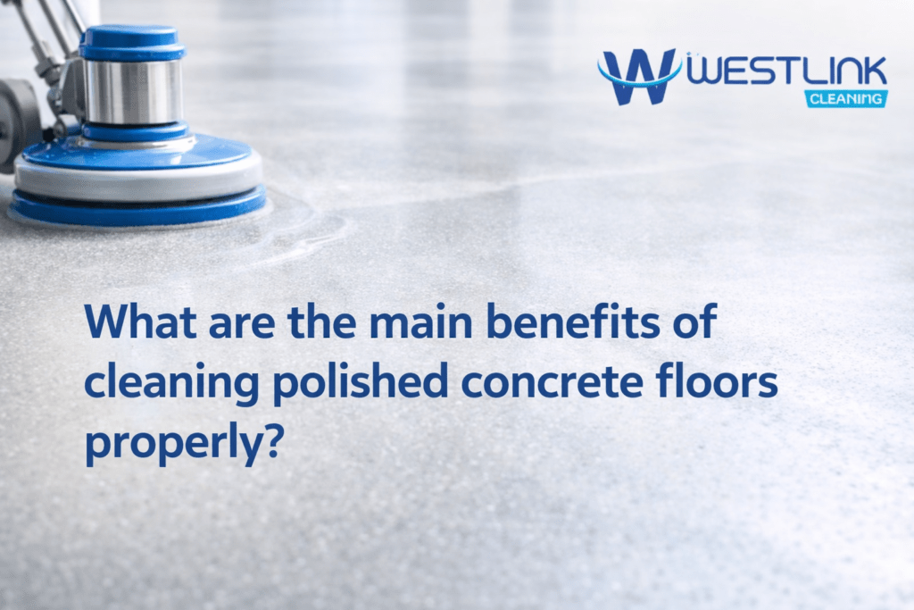 Clean polished concrete floor with an even sheen inside a modern commercial space after proper routine maintenance